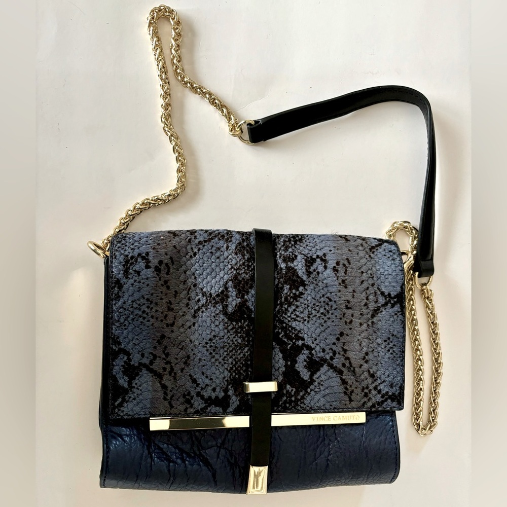 Vince Camuto navy blue leather and horse hair cross body bag